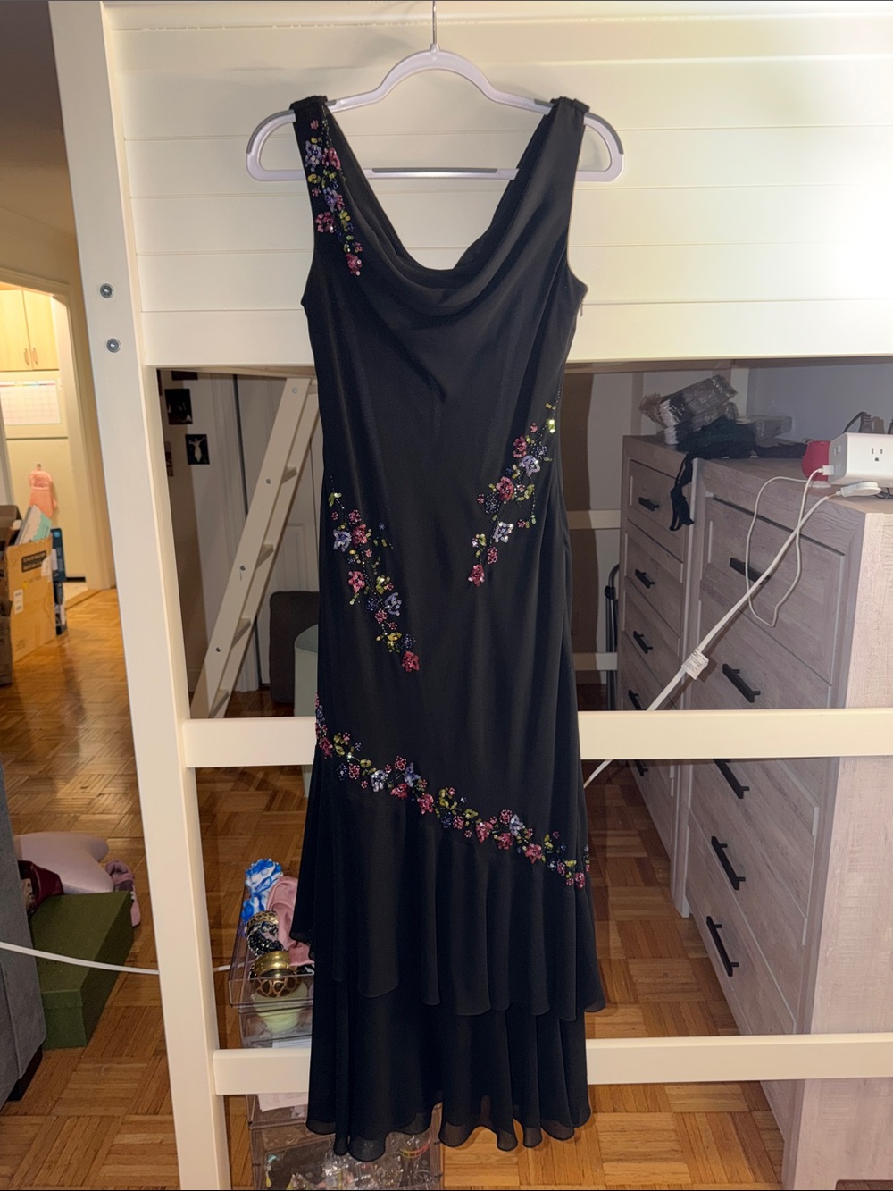 Y2K Elegant Black Cowl Floral Sequin Embroidered Evening Dress